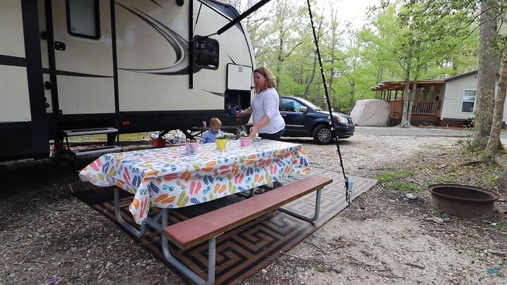 rv campsite setup ideas to make a place feel like home, Folding table and benches