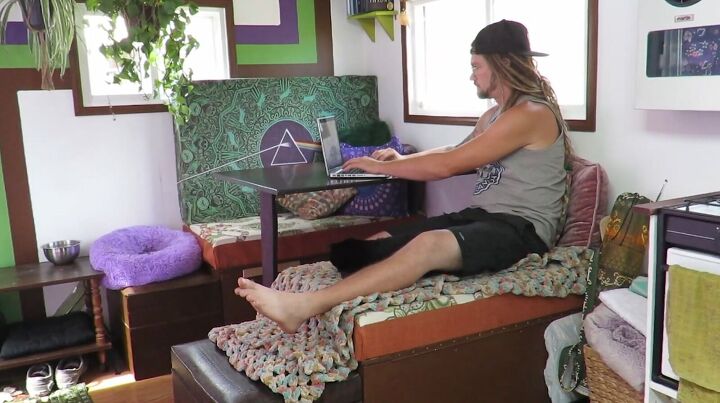 take a tour of the interior of our tiny house on wheels, Desk with bench seating