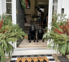 winter gardening with outdoor planters for the front porch, Rustic Farmhouse Christmas Decorating Ideas with black labs at the front door with outdoor planters for winter and new doormats