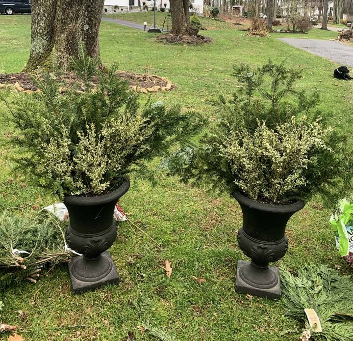 winter gardening with outdoor planters for the front porch, Adding variegated boxwood to classic winter greenery in black urns to make outdoor winter pots for the porch Decorating the Front Porch for Christmas