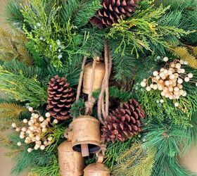 winter gardening with outdoor planters for the front porch, front door wreath ideas for my christmas front porch with gold bells white berries and pinecones