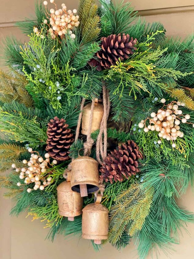 winter gardening with outdoor planters for the front porch, front door wreath ideas for my christmas front porch with gold bells white berries and pinecones