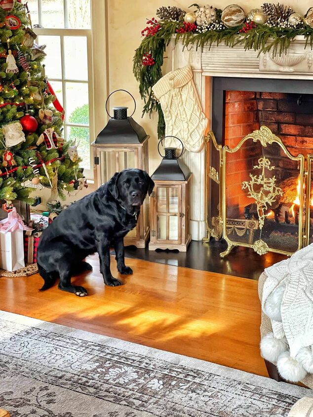 winter gardening with outdoor planters for the front porch, black labrador retriever dog in front of roaring fire on Christmas First Christmas in Our Home Tour