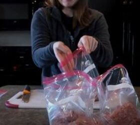 tips for freezing meat how to bulk buy package meat in the freezer, Adding raw meat to the bag