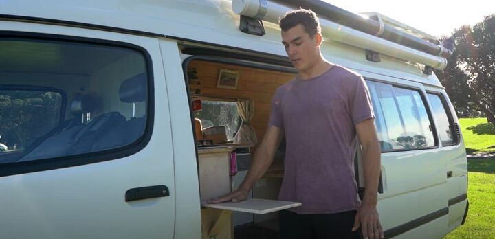 take a tour inside our diy toyota hiace camper van, Folding table
