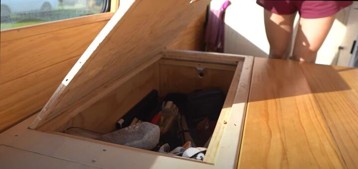 take a tour inside our diy toyota hiace camper van, Camper van storage