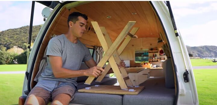 take a tour inside our diy toyota hiace camper van, Outdoor table