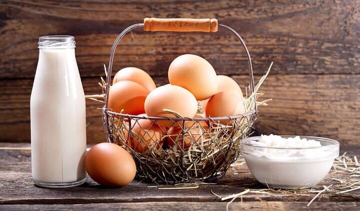 budget grocery list the best cheapest foods for tight budgets, wire basket filled with eggs open bottle of milk and bowl of flour against a wooden background