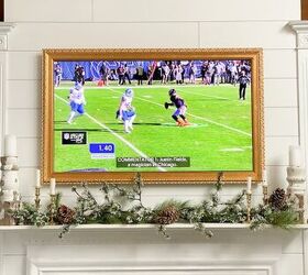 holiday entertaining on a budget, football game on frame TV over holiday mantel for a football party An idea for holiday entertaining on a budget