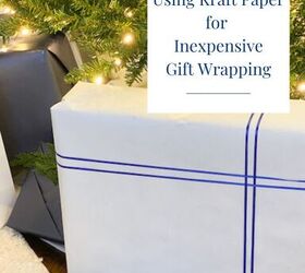 using kraft paper for inexpensive gift wrap, pinterest graphic with a photo of a gift wrapped in white Kraft paper and blue ribbons It has an overlay that reads Using Kraft paper for inexpensive gift wrapping