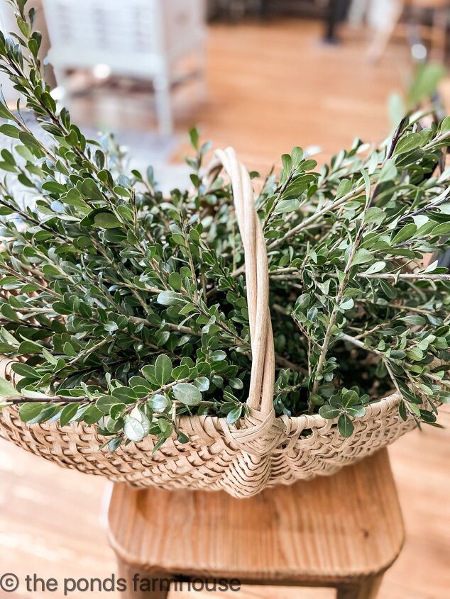 how to use greenery for christmas diy projects, Gathered Boxwood for Christmas in a basket