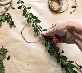 how to use greenery for christmas diy projects, Add Christmas Boxwood to floral wire to make DIY wreath for package toppers