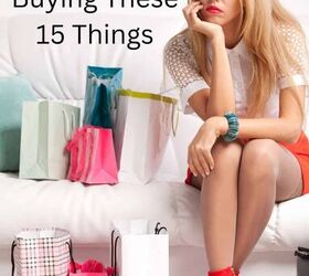 things to stop buying to save money, woman on couch with shopping bags and text overlay STOP buying these 15 things