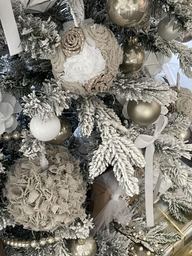 seven ways to decorate for christmas on a budget, Drop cloth Christmas ornaments hanging on a tree
