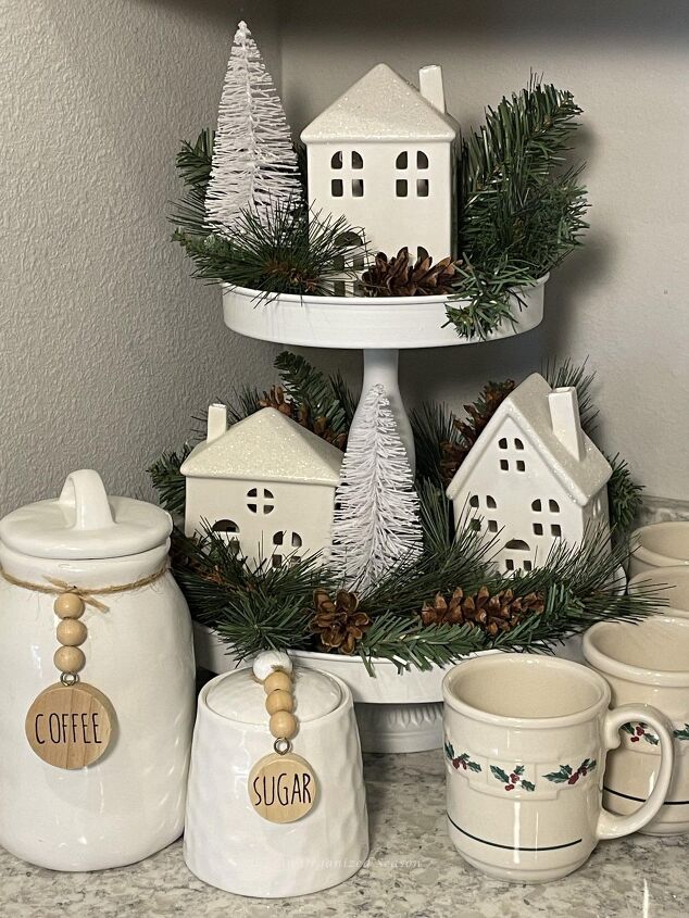 how to get organized for holiday entertaining, Coffee bar with white tiered tray coffee mugs sugar and coffee canisters
