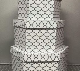 how to purge organize and store your clothes, Three matching hat boxes store items in an organized closet