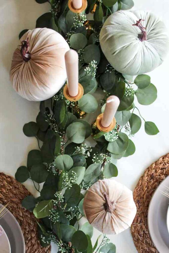 how to use a garland for everyday holidays, Eucalyptus garland velvet pumpkin candles on table
