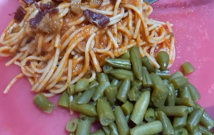 pantry challenge 0 meals made using items from the pantry, Bacon spaghetti and green beans