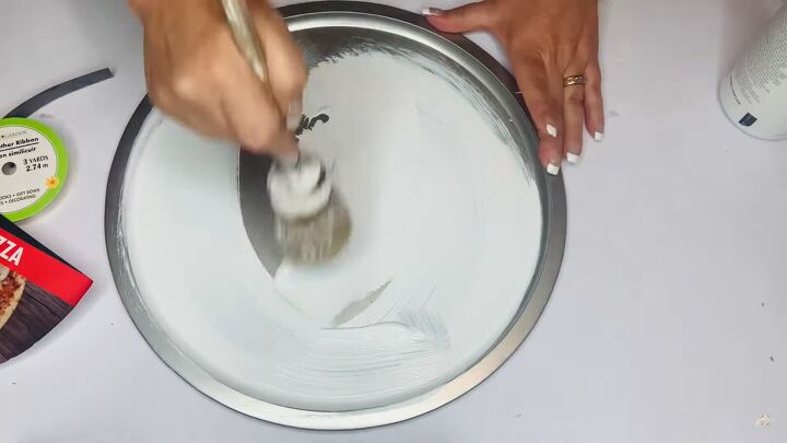 5 amazing diy kirkland dupes made using items from dollar tree, Painting a pizza pan with white chalk paint