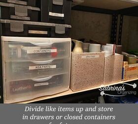 easy tool closet organization to create more storage space, Divide like items up and store in drawers or closed containers for future use