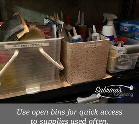 easy tool closet organization to create more storage space, Use Open bins for quick access to supplies used often