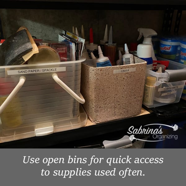 easy tool closet organization to create more storage space, Use Open bins for quick access to supplies used often