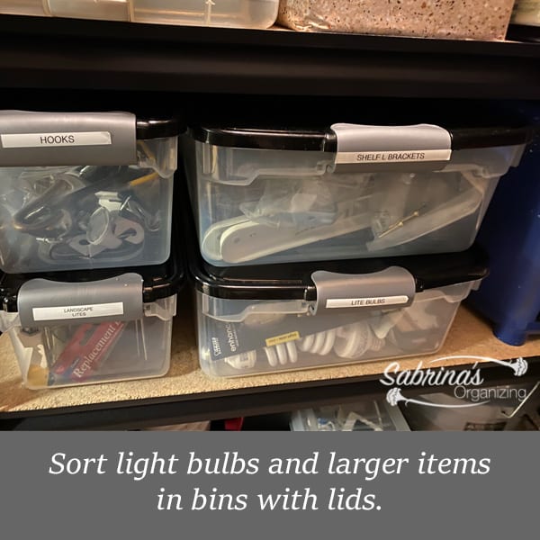 easy tool closet organization to create more storage space, sort light bulbs and larger items in bins with lids