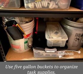 easy tool closet organization to create more storage space, Use five gallon buckets for organizing task supplies