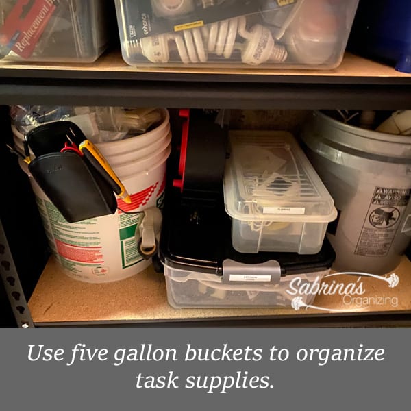 easy tool closet organization to create more storage space, Use five gallon buckets for organizing task supplies
