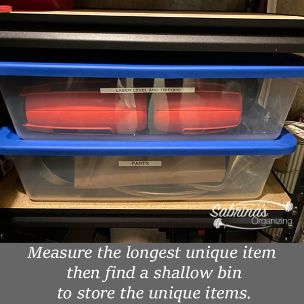 easy tool closet organization to create more storage space, Measure the longest unique item and find a shallow bin to fit the items
