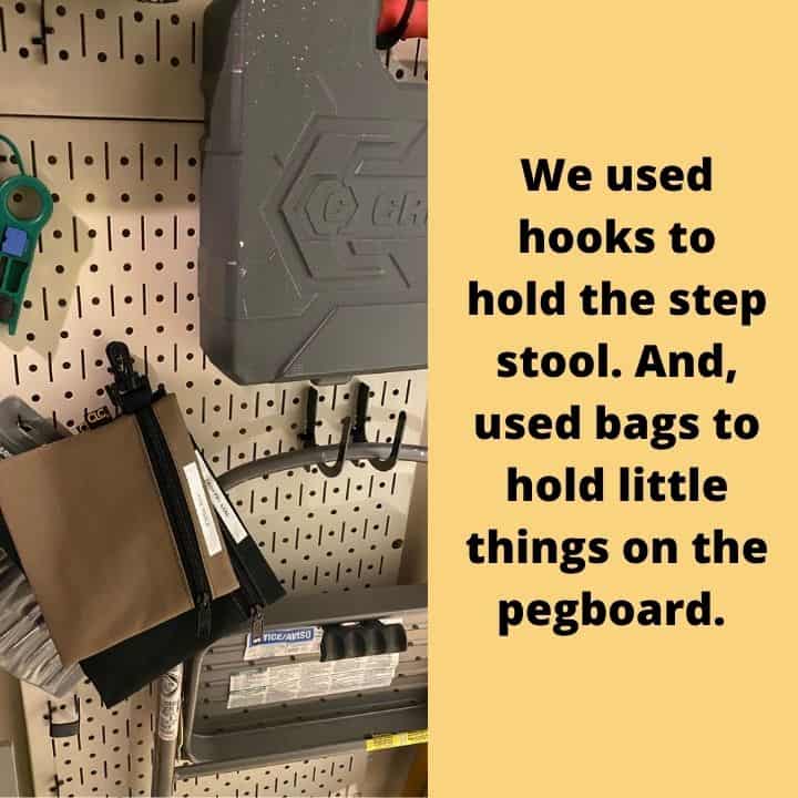 easy tool closet organization to create more storage space, We used hooks to hold the step stool and bags for small things