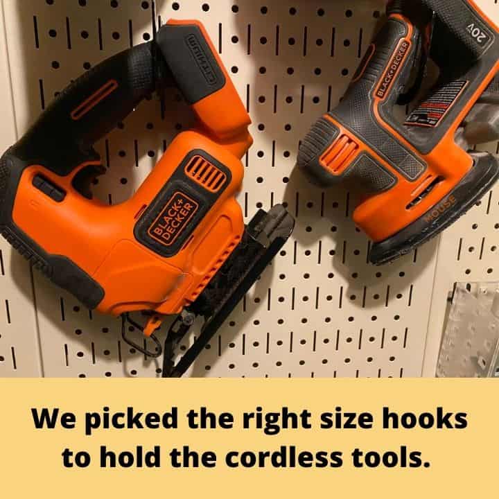 easy tool closet organization to create more storage space, We picked the right size tool to hooks to hold the cordless tools handle
