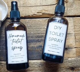 make this quick diy toilet spray to save money ditch plastic, Two different Mod Podge strategies On the left I added the glue to the back of the label only On the right I used Mod Podge over the label it dries clear The first option looked much better