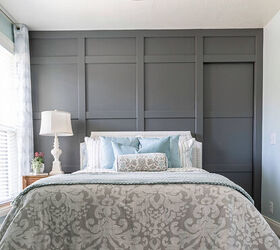 10 sensational home improvement ideas on a budget, Grey board and batten wall with a hidden pocket door Grey and white damask bedding with blue accents