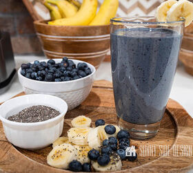 10 sensational home improvement ideas on a budget, Healthy Blueberry Banana Smoothie on a wooden tray with fresh blueberries bananas and chia seeds