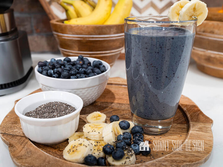 10 sensational home improvement ideas on a budget, Healthy Blueberry Banana Smoothie on a wooden tray with fresh blueberries bananas and chia seeds
