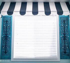 10 sensational home improvement ideas on a budget, WINDOW TREATMENT IDEAS black and white striped awning over window flanked by teal and iron shutters