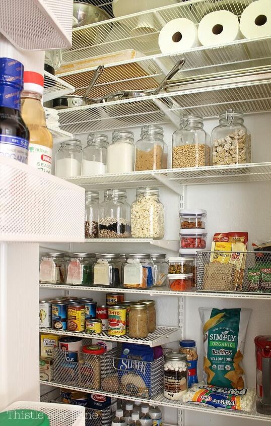 30 affordable pantry organization storage ideas you need to see, Pantry Organization Ideas adjustable white wire shelves in pantry Glass jars are used to store dry goods Mesh boxes are used to organize packaged food
