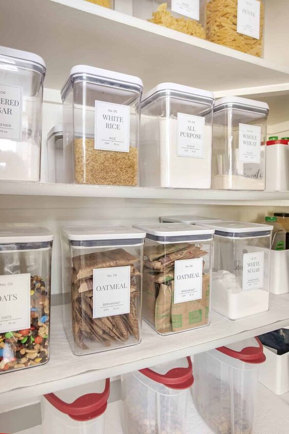 30 affordable pantry organization storage ideas you need to see, Pantry Organization Ideas Clear plastic containers are label for dry goods and packaged food
