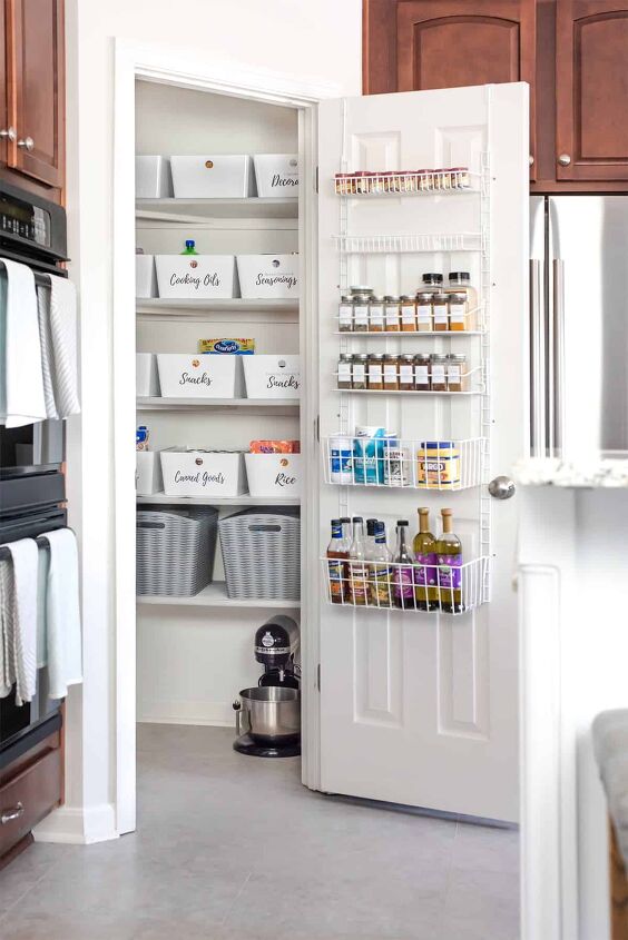 30 affordable pantry organization storage ideas you need to see, Pantry Organization Ideas White and grey plastic bins create uniformity in this pantry Pantry door holds spices
