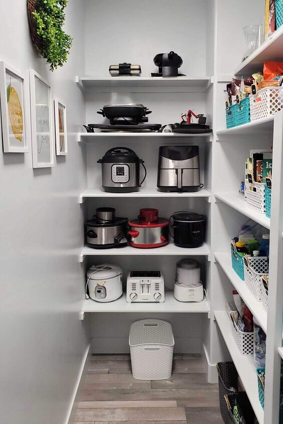 30 affordable pantry organization storage ideas you need to see, Pantry Organization Ideas Pantry painted light grey with white painted shelves One section of pantry is used to store small electrical appliances