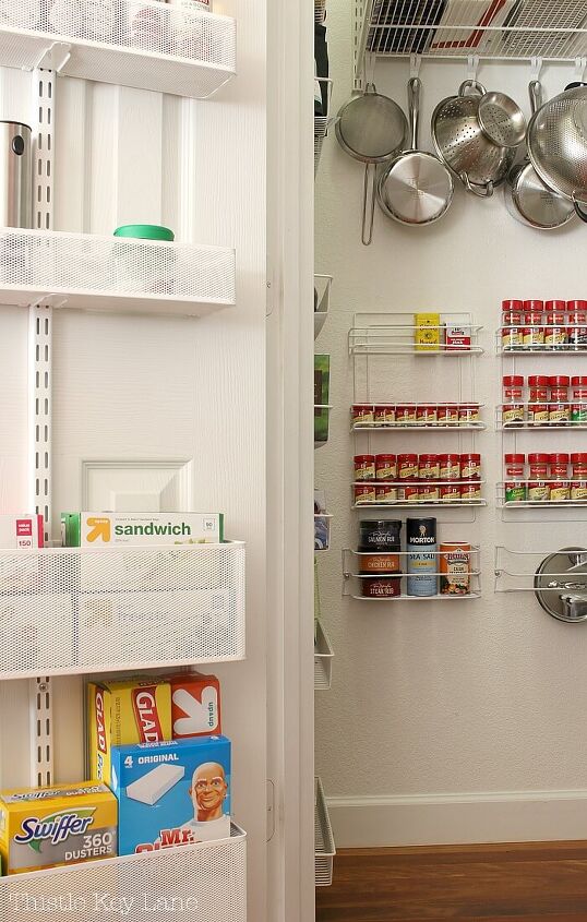 30 affordable pantry organization storage ideas you need to see, Pantry Organization Ideas White wire shelve organizer on pantry door adds more storage for ziplock backs trash bags and spices
