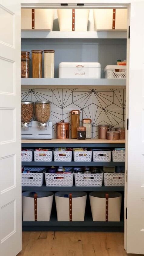30 affordable pantry organization storage ideas you need to see, Pantry Organization Ideas in a small pantry a butlers pantry was created with DIY wood shelving countertop and black and whtie backsplash more shelving above with white storage baskets