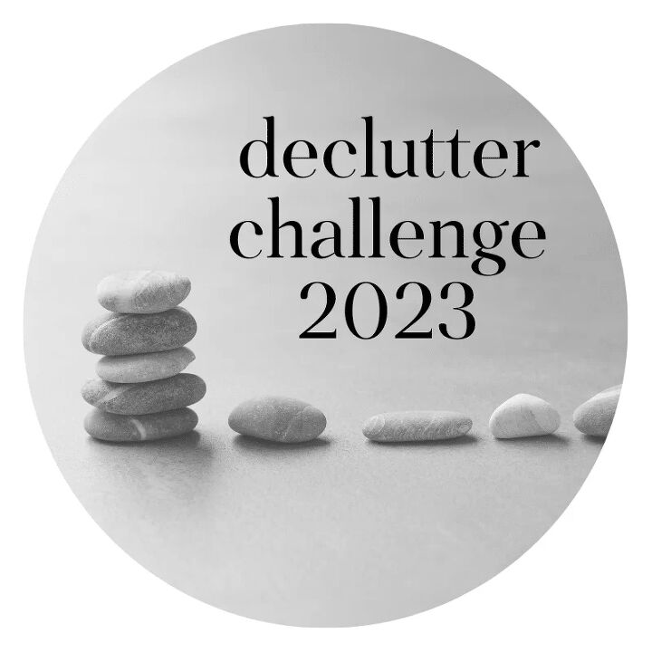 declutter checklist for bedrooms and bathrooms 2023, Round 2023 Declutter Challenge Logo with a stack of pebbles and individual pebbles
