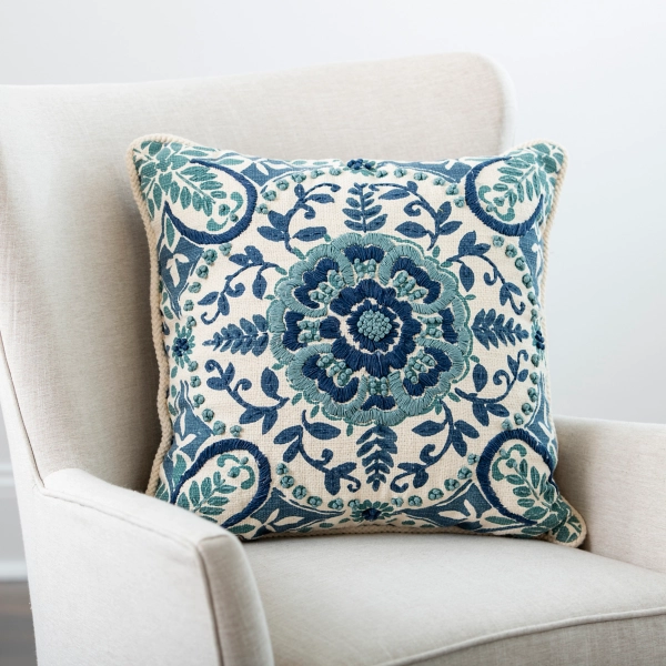 16 best places to buy beautiful budget throw pillows under 30, Blue and white crewel throw pillow