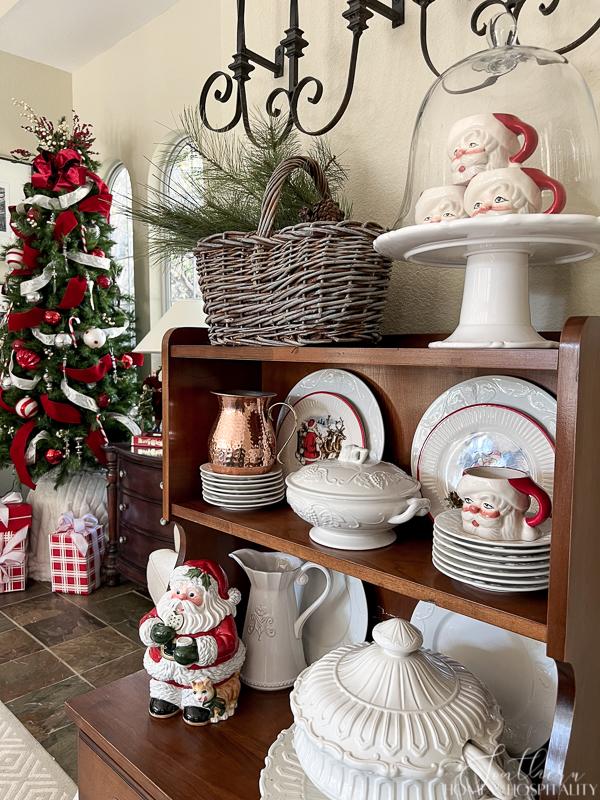 how to pack christmas decorations to make it easier next year, vintage santa mugs ironstone on hutch red and white Christmas tree