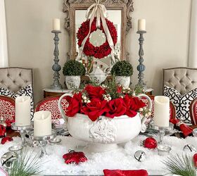 how to pack christmas decorations to make it easier next year, red roses in white bowl red and white dining table tablescape
