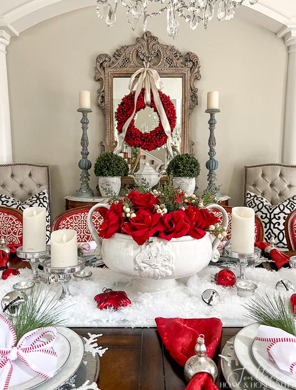 how to pack christmas decorations to make it easier next year, red roses in white bowl red and white dining table tablescape