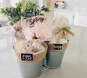 3 diy dollar tree spring decor projects in a farmhouse style, Buckets with eggs bunnies and carrots