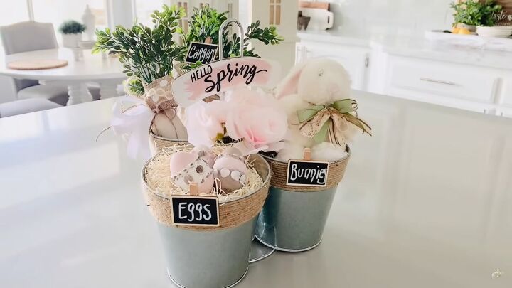 3 diy dollar tree spring decor projects in a farmhouse style, Buckets with eggs bunnies and carrots
